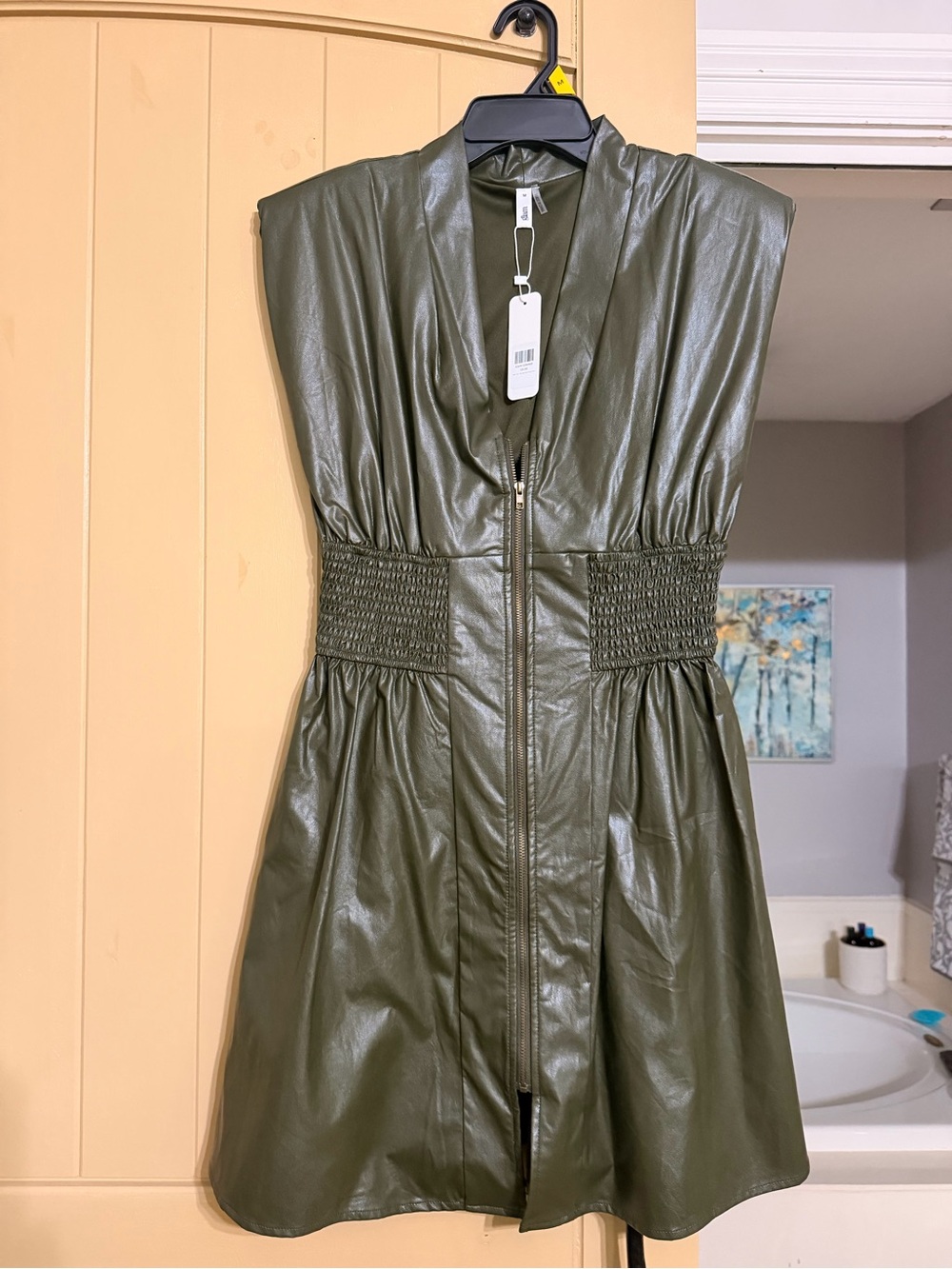 glam Olive Faux-Leather Zip Front Mini Dress